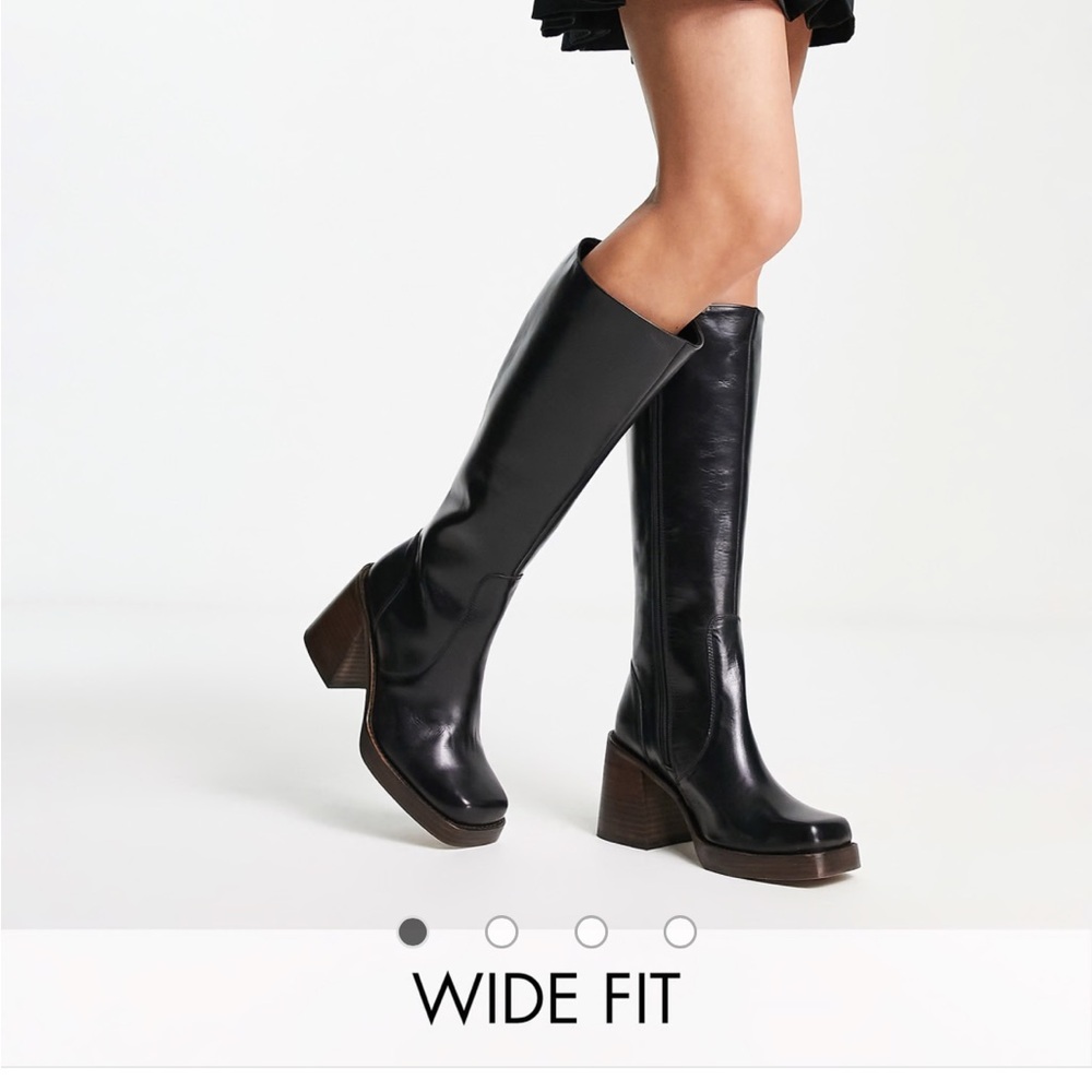 ASOS black leather knee boots with heel